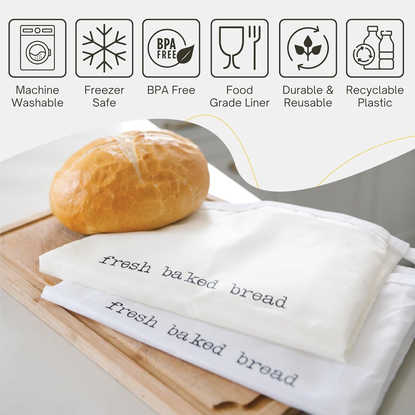 Reusable Bags for Homemade Bread Storage (2-Pack) - 13"W x 18"H - Plastic Fresh Bread Storage Bags - Metal Zipper & Buckle - Freezer Safe Bag, Machine Washable Sourdough Bag