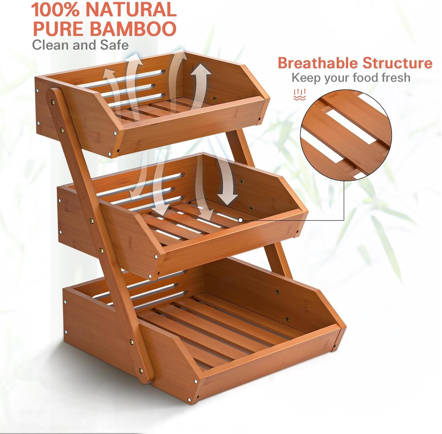 G.a HOMEFAVOR Fruit Basket for Kitchen, 3-Tier Fruit Bowl for Kitchen Counter, Vegetable Storage Stand for Fruit Shop, 15 mm Thickness, Brown