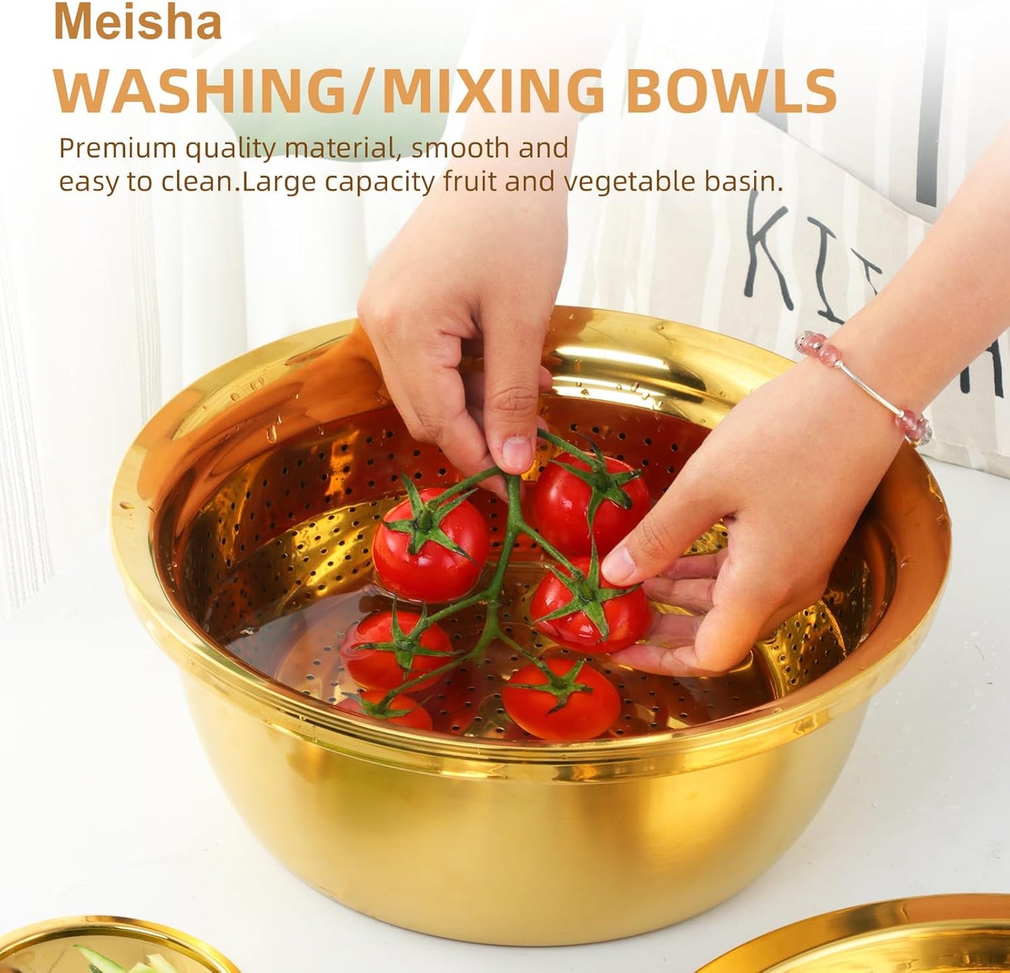 Meisha Colander, 3Pcs Stainless Steel Kitchen Tool 3 in 1 Drain Basket Fruit and Vegetable Cutter Strainer Bowl Set Drain Pot Basket Grater for Fruits Vegetables Rice Washing Mixing - Gold