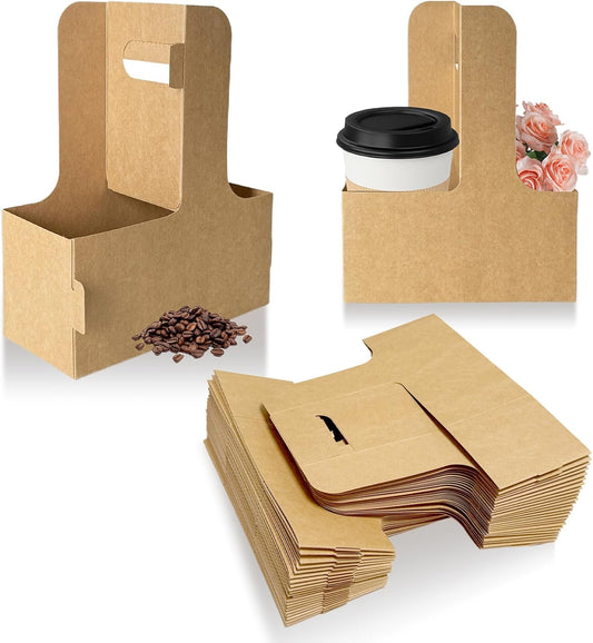 2 Cup Drink Carrier with Handle for Delivery, 50 Pack Kraft Paperboard Cup Holder, Disposable to Go Coffee Cup Carriers for Hot or Cold Drinks