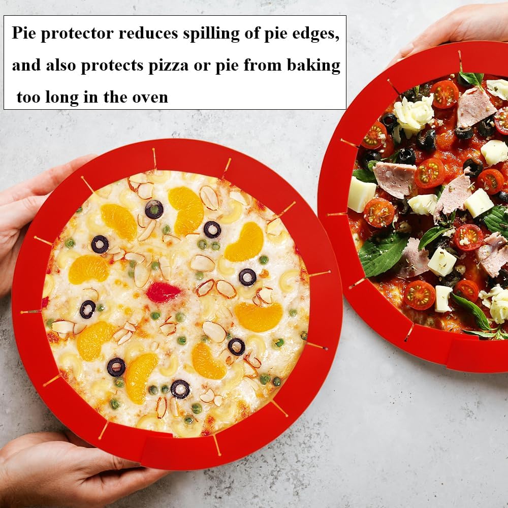 Adjustable Pie Crust Shields Baking Protectors, Silicone Cover Ring Fits 8-11.4 Inch Pies, Baking Pie Pizza Crust Shield Protector Cover for Edges (Red-2pcs)