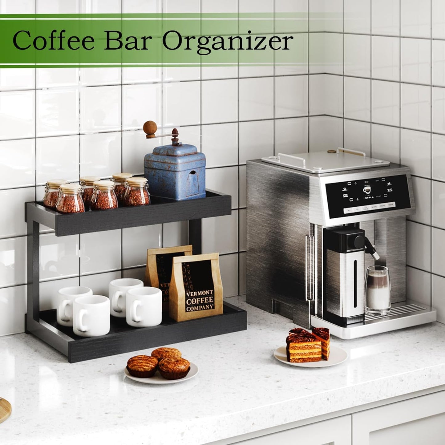 MARTY 2 Tier Spice Rack Organizer for Countertop, 15.8''L Coffee Station/Bathroom Organizer Countertop, Counter Shelf Desktop Storage Organizer for Kitchen, Bedroom, Office (Black)