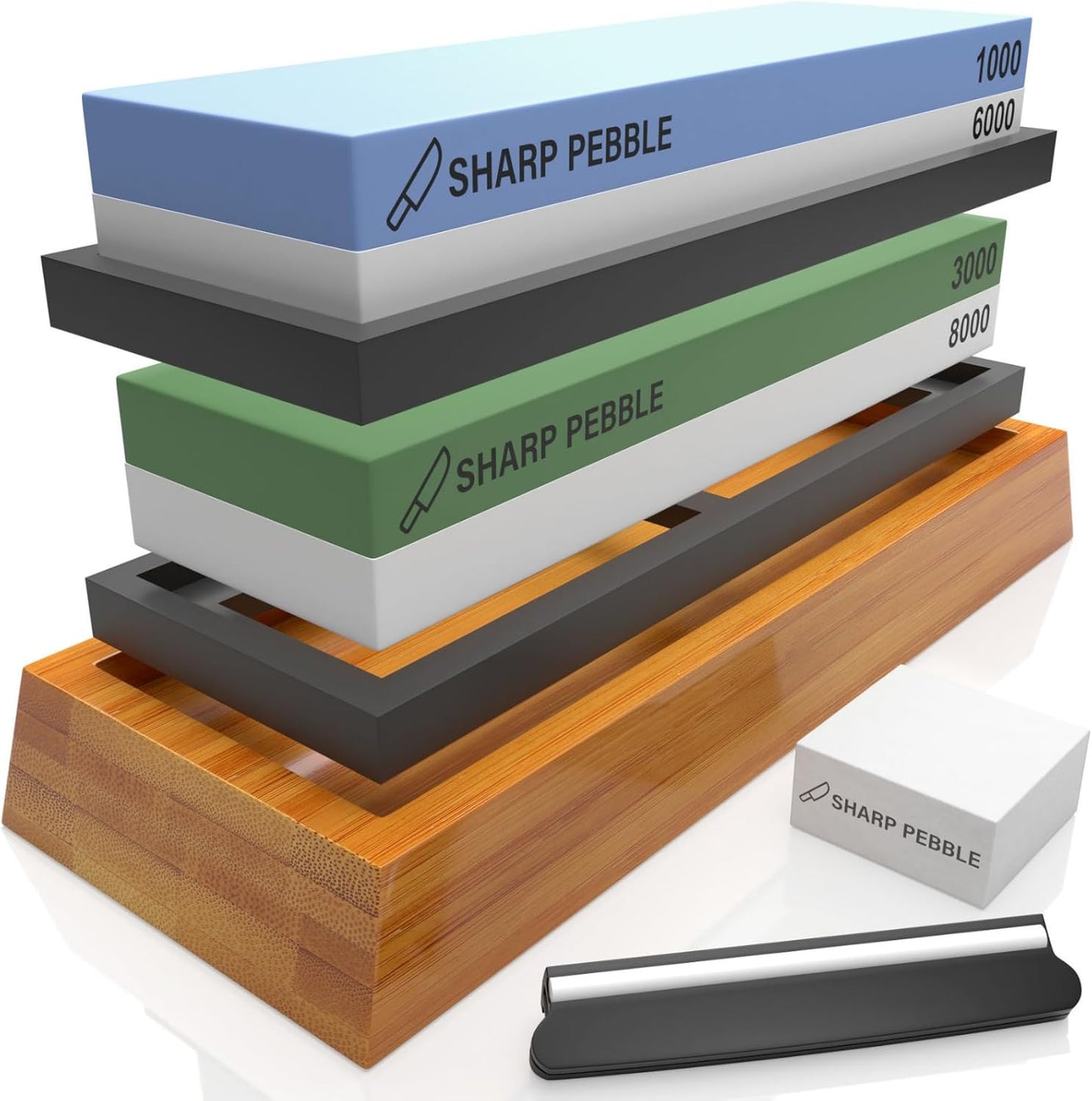 Sharp Pebble Knife Sharpening Stones Kit with 1000/6000 and 3000/8000 Grit with Flattening Stone & Angle Guide