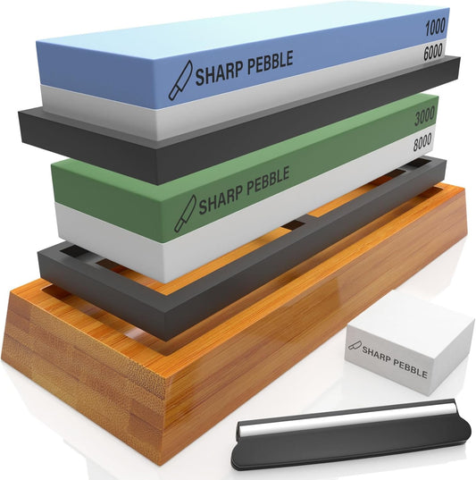 Sharp Pebble Knife Sharpening Stones Kit with 1000/6000 and 3000/8000 Grit with Flattening Stone & Angle Guide