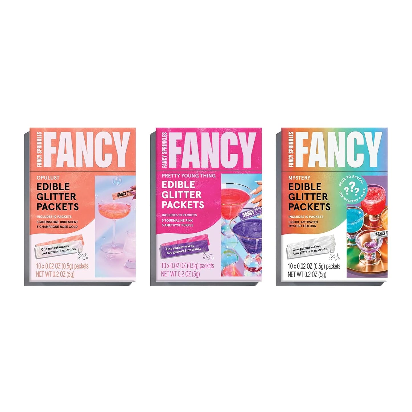 Fancy Sprinkles MVP Set (Opulust, Pretty Young Thing, and Mystery) Edible Glitter Packets Portable & On-The-Go for Sparkling Drinks, Champagne, Cocktails, Wine, Beer, & More. (3 Pack)