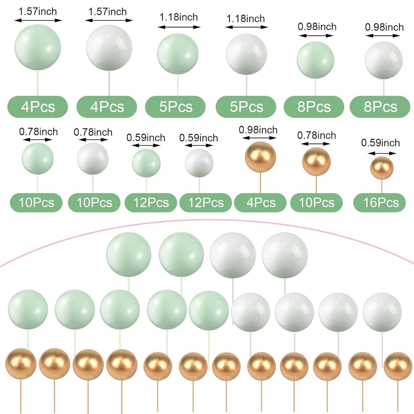 108 Pcs Balls Cake Topper DIY Cupcake Insert Foam Balloons for Cake Baking Wedding Anniversary Birthday Decoration(White, Green, Gold,Multi Sizes)