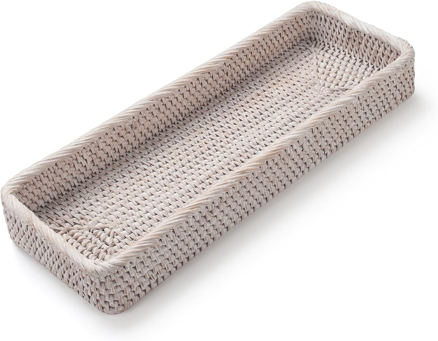 Rattan Bathroom Vanity Trays Toilet Tank Baskets Long Narrow Hand Towel Storage Basket for Storage, Decorative (Whitewash 16.3 x 6.1 x 2 inch)