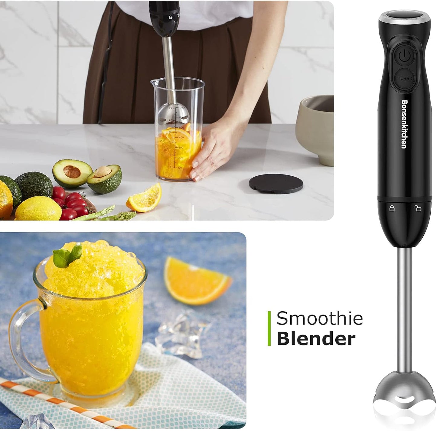 Bonsenkitchen Immersion Blender Handheld, 12-Speed and Turbo Hand Blender Electric with Sharp Blades, 3-In-1 Hand Held Stick Mixer with Egg Whisk, 24oz Beaker for Soups, Smoothies, Sauce