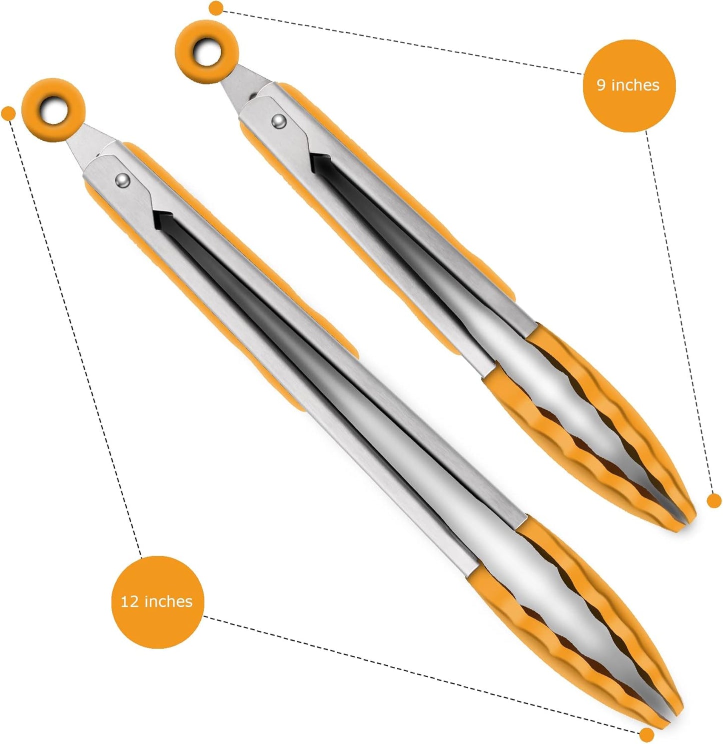 9-Inch & 12-Inch Premium Stainless Steel Food Tongs, Orange Silicone BPA Free Non-Stick BBQ Cooking Grilling Locking Kitchen Tong