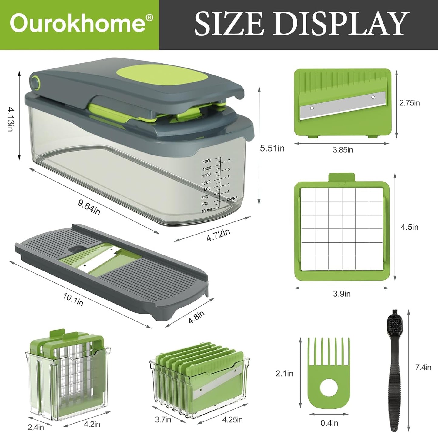 Ourokhome Food Chopper Manual Hand with Container, Mandolin Vegetable Slicer Onion Dicer with 8 Blades, Veggie Shredder for Potato, Tomato, Essential Kitchen Gadgets (8 in 1, Gray)