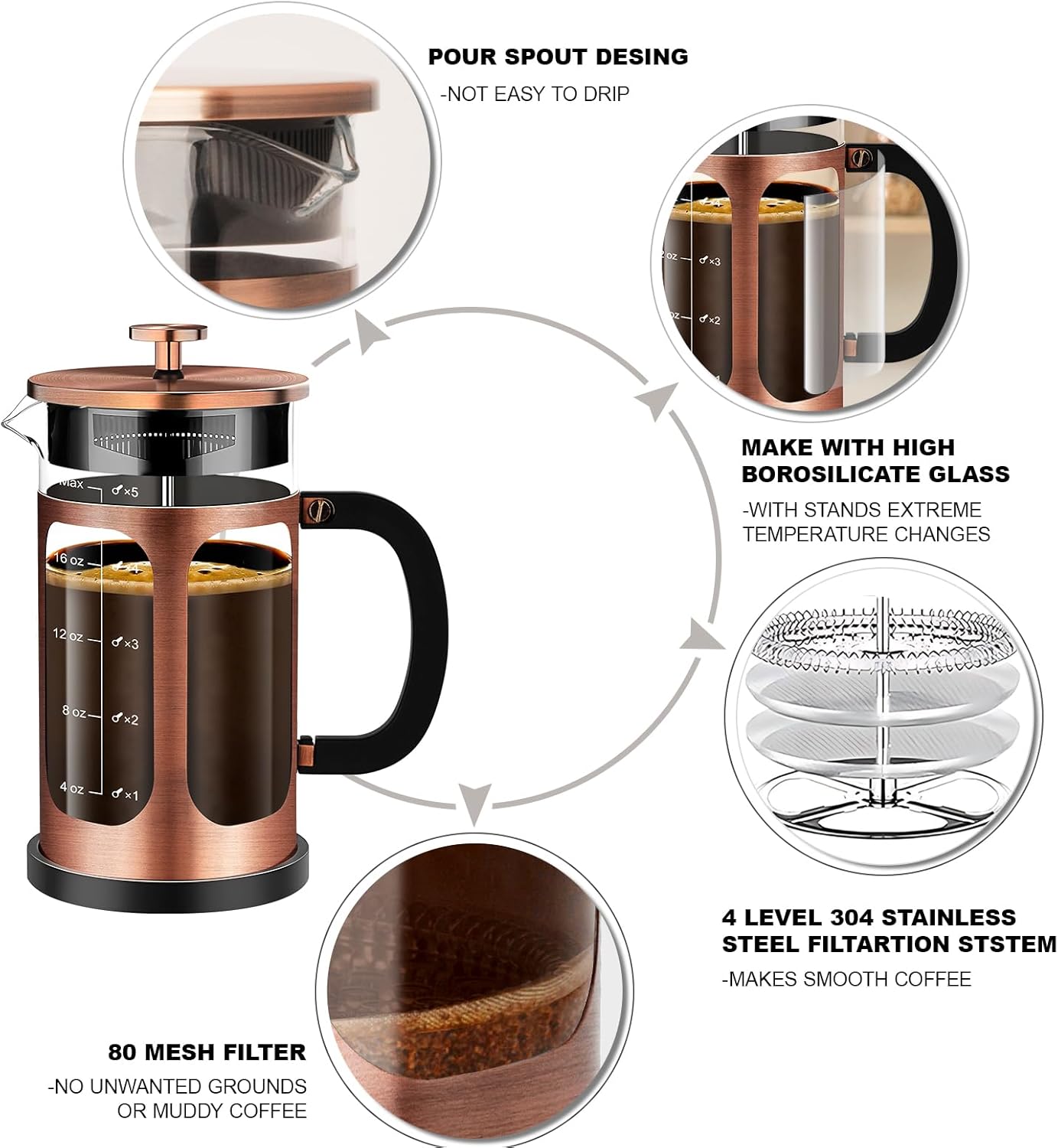 French Press Coffee Maker (21oz 600ML 3-4Cup) Coffee Press, with 4 Filters System, Heat Resistant Thickness Borosilicate Glass, Cold Brew Coffee Tea Pot Gifts (Copper)