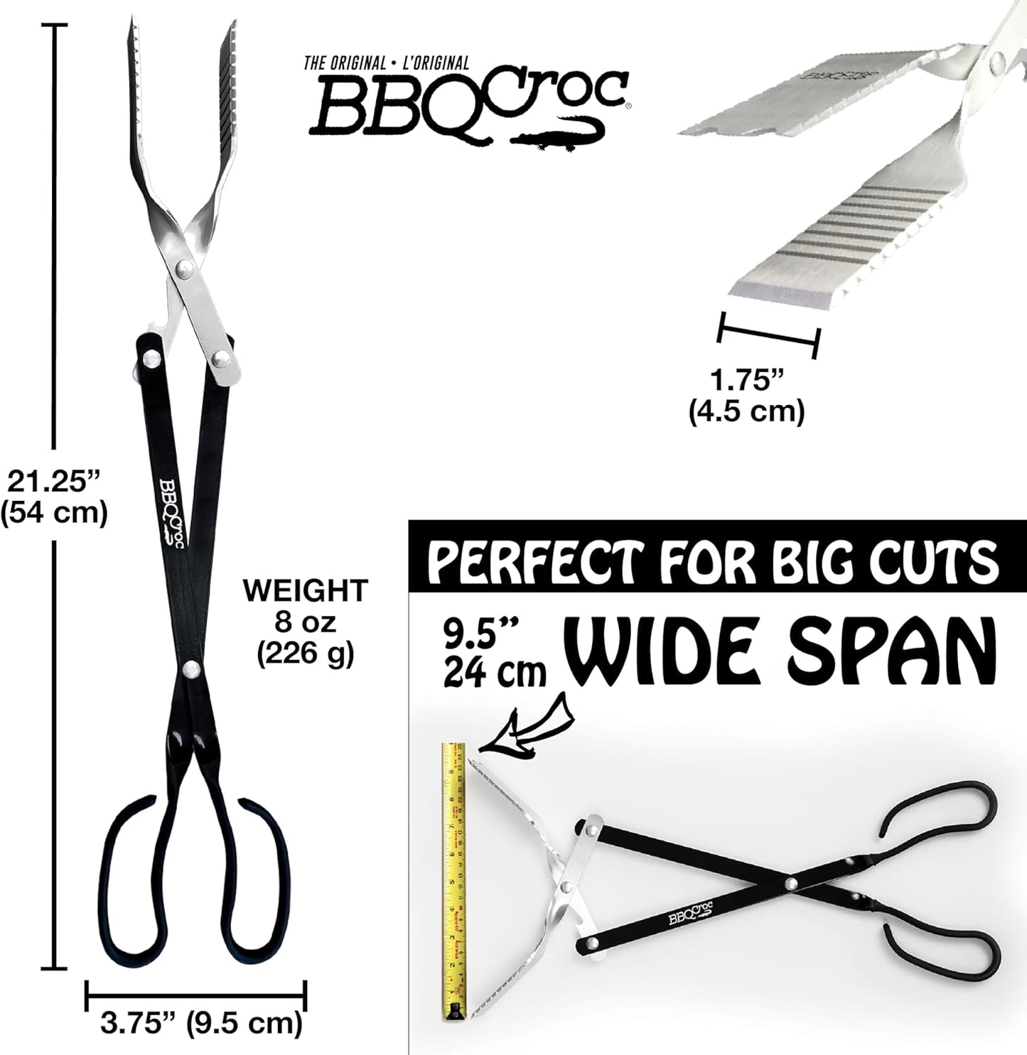BBQCroc 3 in 1 Barbecue Tool 21-inch - Extra Light and Long Tongs, Spatula and Grill Scraper (Black)