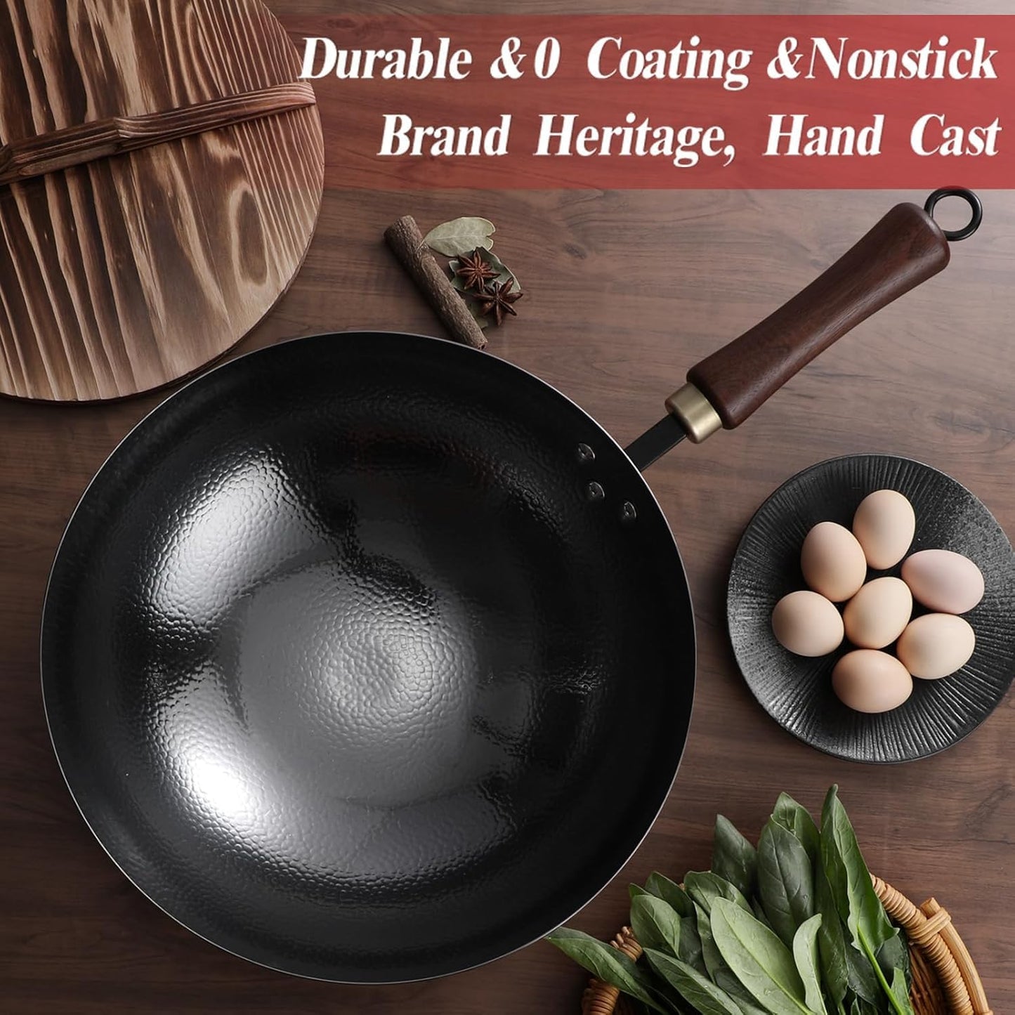 Carbon Steel Wok Pan, 13.5″Woks & Stir-Fry Pans with Wooden Lid Cookwares, Nonstick Wok, No Chemical Coated Round Bottom Hand Hammered Chinese Wok For Gas