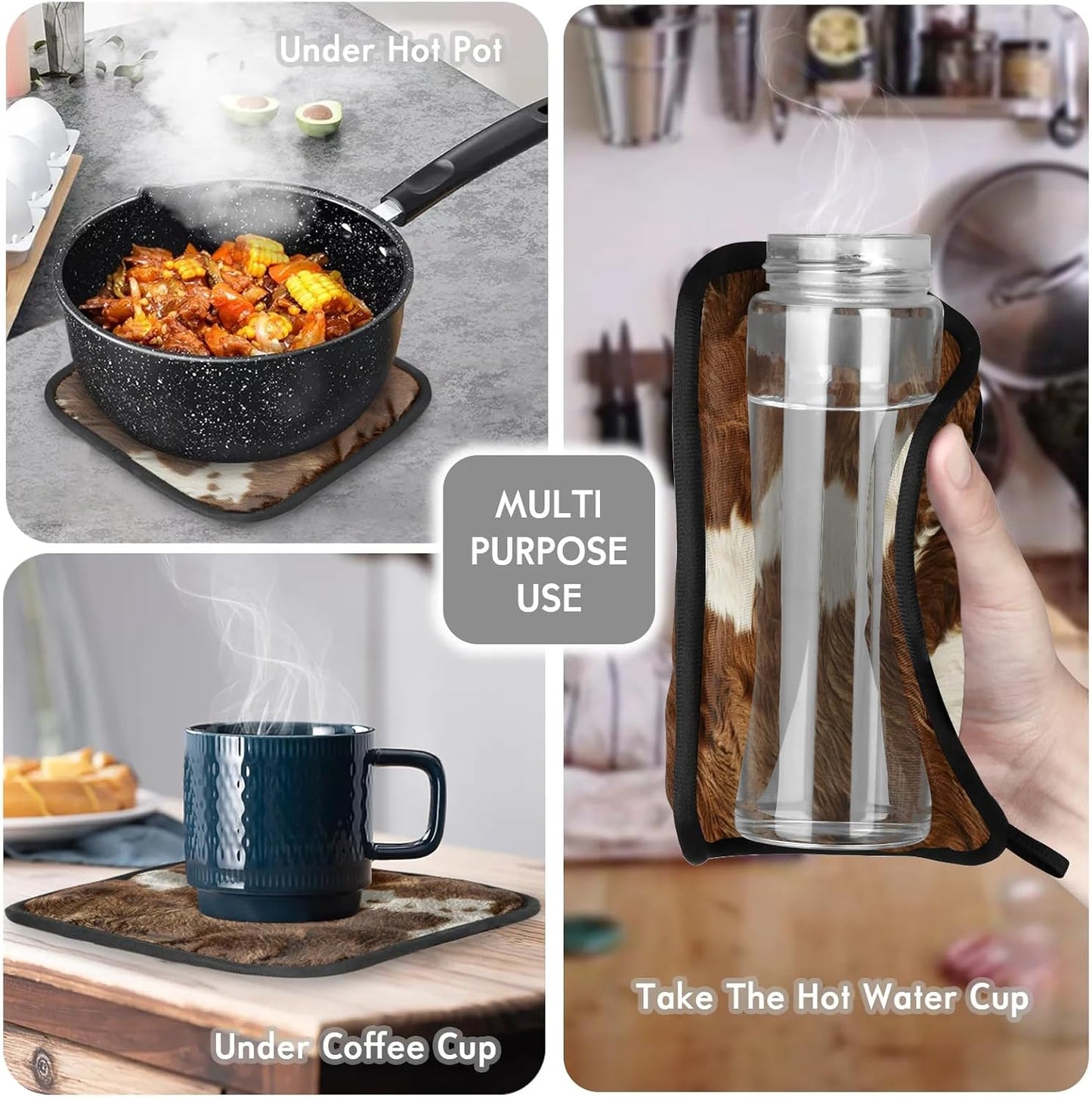 Cow Print Vintage Brown Oven Mitts and Pot Holders Sets, 2 Pcs Cow Decorative Kitchen Oven Glove for Cooking