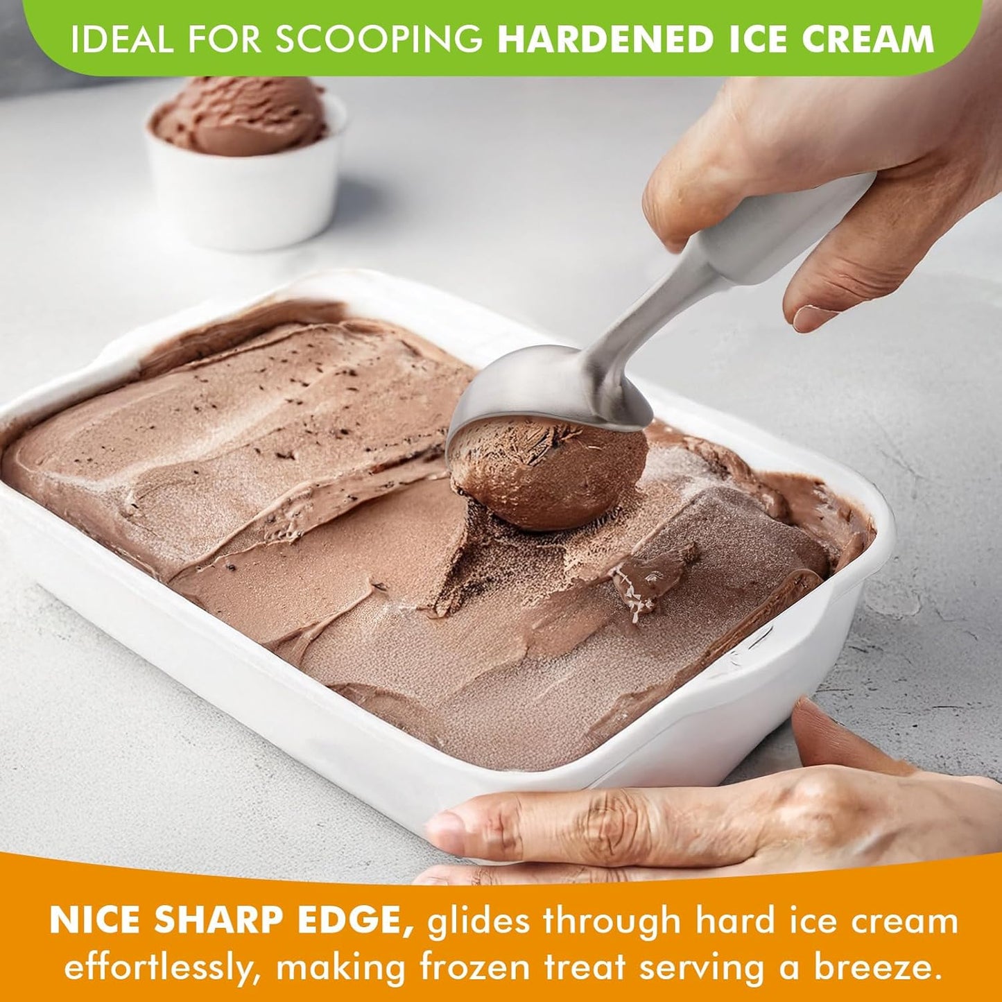 Ice Cream Scoop Stainless Steel. Ice Cream Scooper, Heavy Duty, Seamless Design, Comfortable Grip Long Handle, for Ice Cream, Gelato, Sorbet, Cookie Dough, Melon, Frozen Yogurt