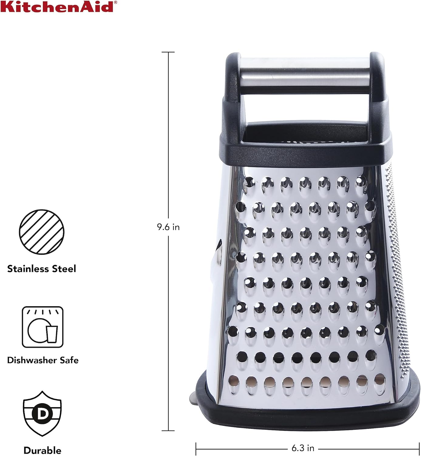 KitchenAid Gourmet 4-Sided Stainless Steel Box Grater for Fine, Medium and Coarse Grate, and Slicing, Detachable 3 Cup Storage Container and Measurment Markings, Dishwasher Safe, 10 inches tall, Black