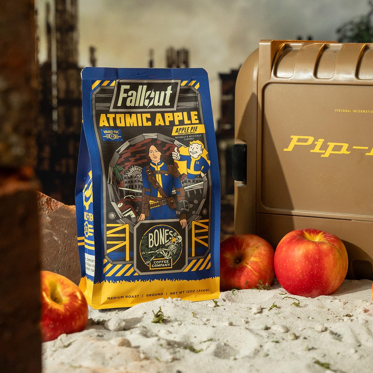 Bones Coffee Company Fallout Atomic Apple, Apple Pie Flavored Coffee, Medium Roast Low Acid Arabica Beans Compatible with Auto drip and French Press Coffee Maker, 12 Oz Ground