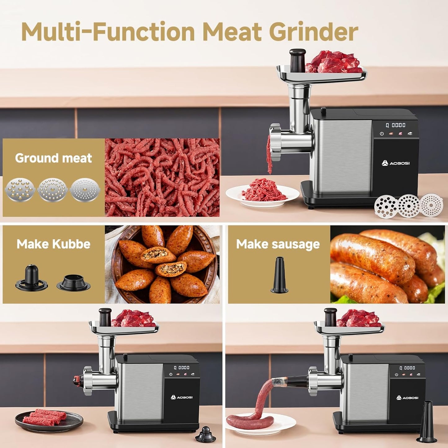 AAOBOSI Meat Grinder Electric 3000W Max with Touch Color Screen, Auto-Reverse & Built-in Storage - 3 Speed Settings,Grinding, Sausage & Kibbe Making for Home Use, Stainless Steel