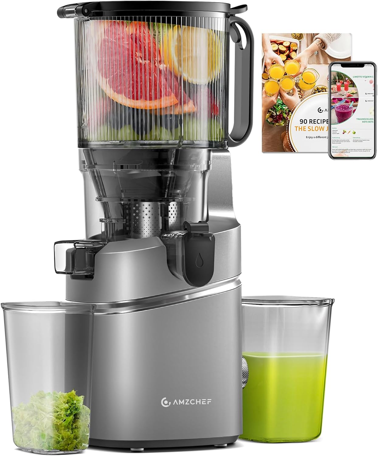 AMZCHEF Juicer Machines, 5.8" Extra Self-Feeding Cold Press Juicer for Whole Vegetable & Fruit, Juice Extractor Machine with Large Auger & Triple Strainers, Easy to Clean, High Juice Yield, Grey