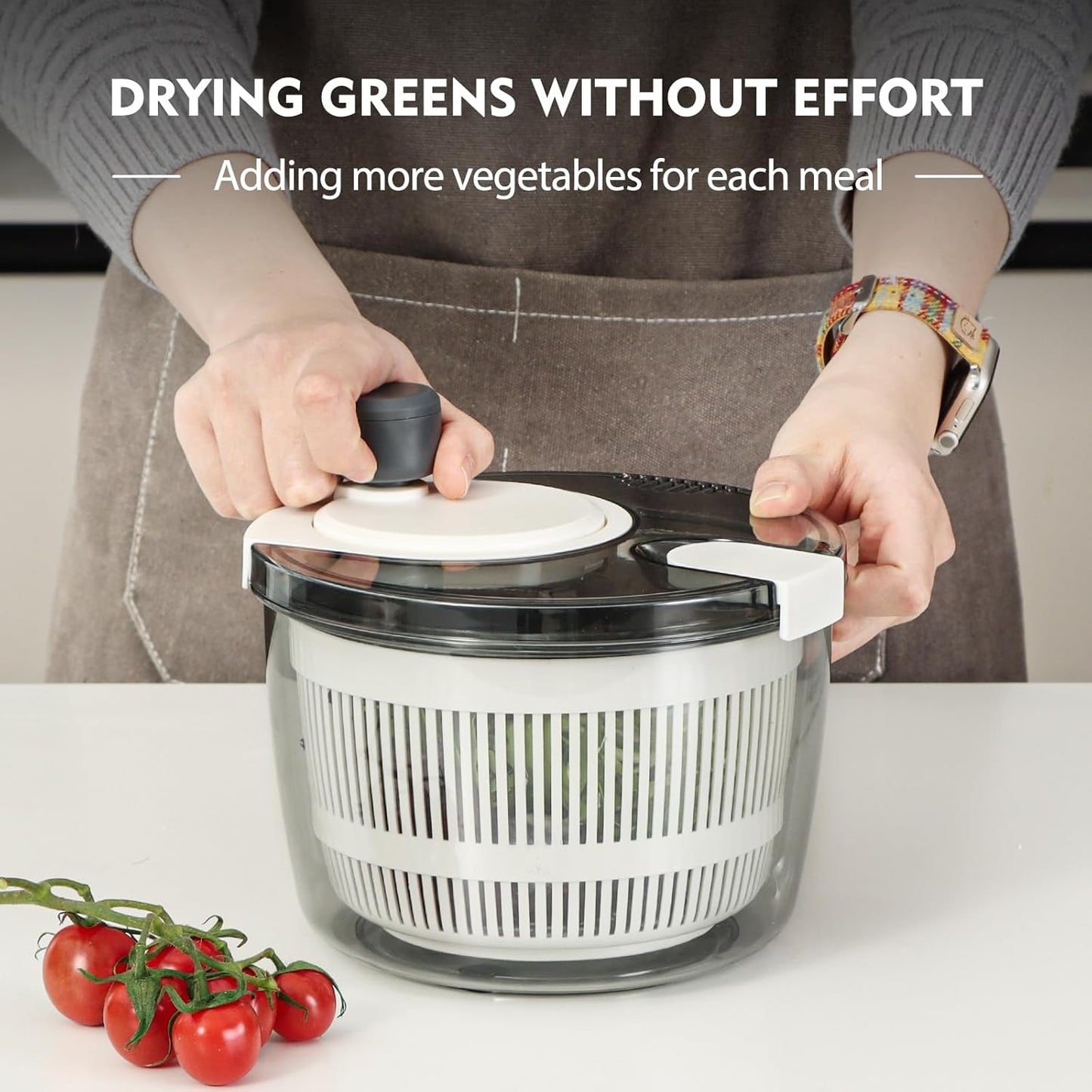 Ourokhome Salad Spinner Lettuce Dryer, Hand-crank Rotary Vegetable Dryer Veggie Washer with Transparent Bowl and Colander for Greens, Herb, Berry, Fruits, Macaroni, 2.8 QT, White