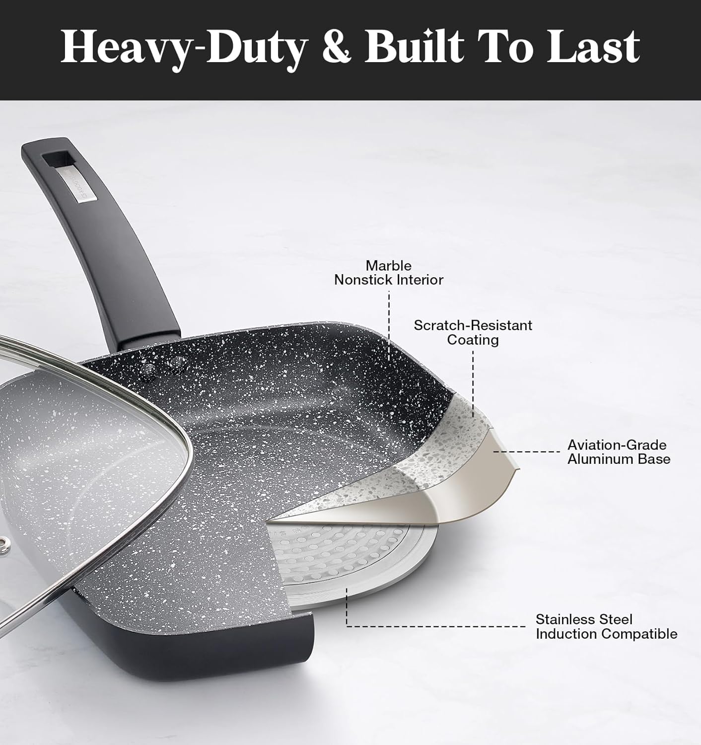 KOCH SYSTEME CS 9.5 Inch Nonstick Grill Pan for Stove Tops, Marble Coating Square Grill Skillet with Lid, Fry Pan Compatible with all Stoves, Ultimate Nonstick Skillet with Bakelite Handle, Toxic-Free