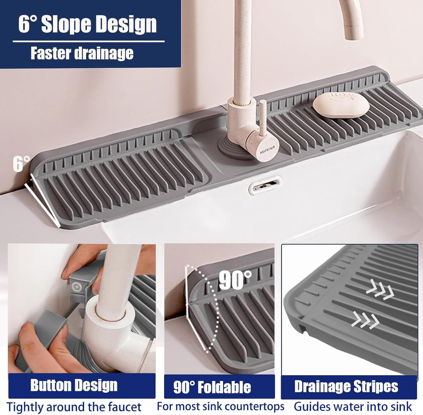 24" Silicone Faucet Mat for Kitchen Sink,Folding Sink Splash Guard Behind Faucet,Fasten Button & 6° Slope Design Faucet Drain Mat for Kitchen and Bathroom,Faucet Draining Mat(Gray）