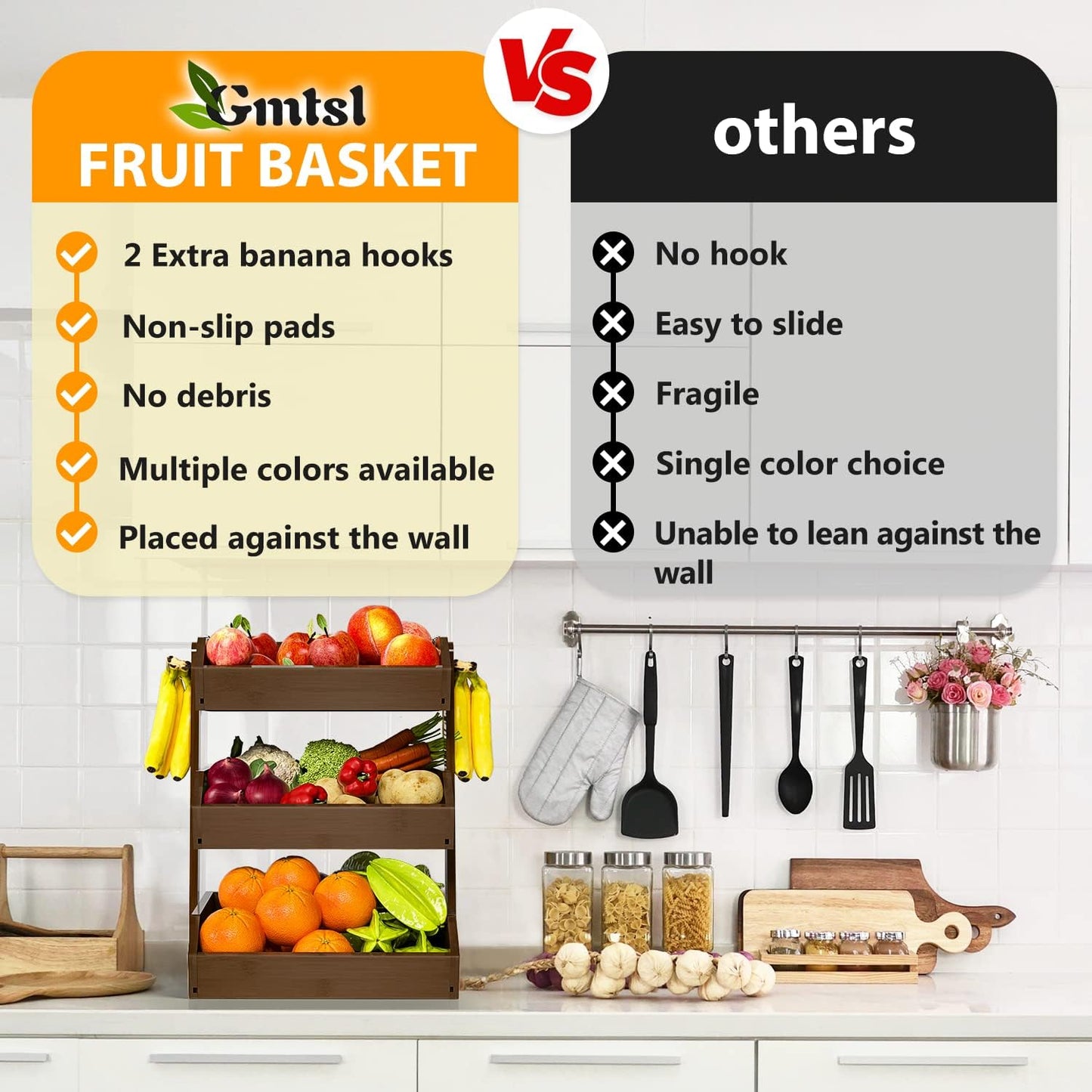 Bamboo Fruit Basket for Kitchen–3 Tier Fruit Bowl For Kitchen Counter, Large Fruit Holder With 2 Banana Hangers, Idea For Fruit and Vegetable Storage, Bread Basket, Snack Organizer(WALNUT)