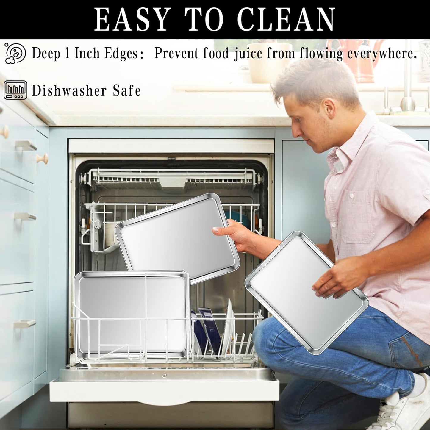 Stainless Steel Baking Sheet Set, 2 Pcs Quarter Cookie Sheet Pan Baking Trays for Oven, Non Stick and Heavy Duty and Easy Clean, 12.4 x 9.6 x 1 Inch