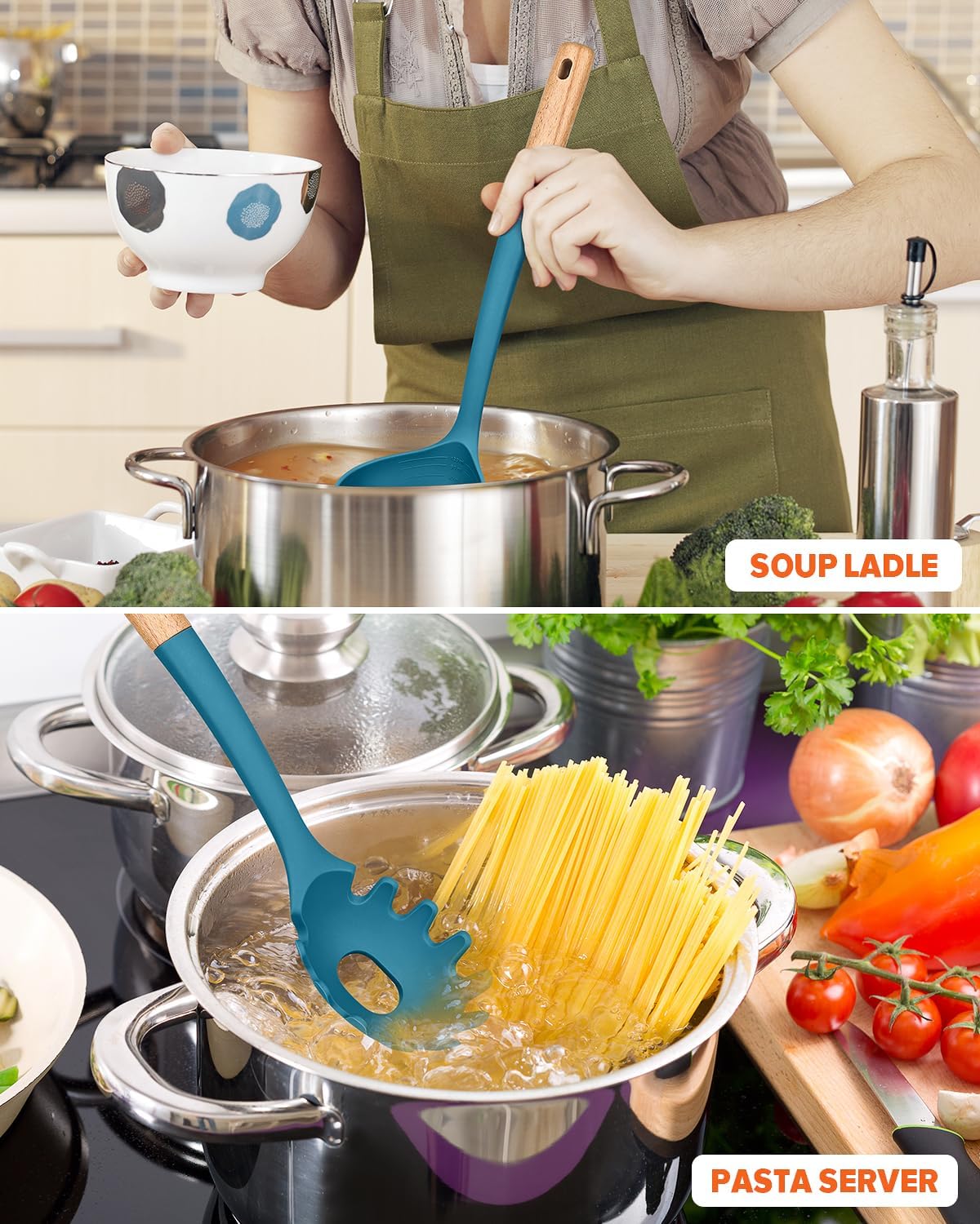 Pasta Fork and Ladle Set, Perfect for Serving Hot Soup, Stirring, and Sauce Pasta, BPA-Free Matte Silicone, Wood Handle Spaghetti Spoon for Nonstick Cooking Surfaces (Blue)