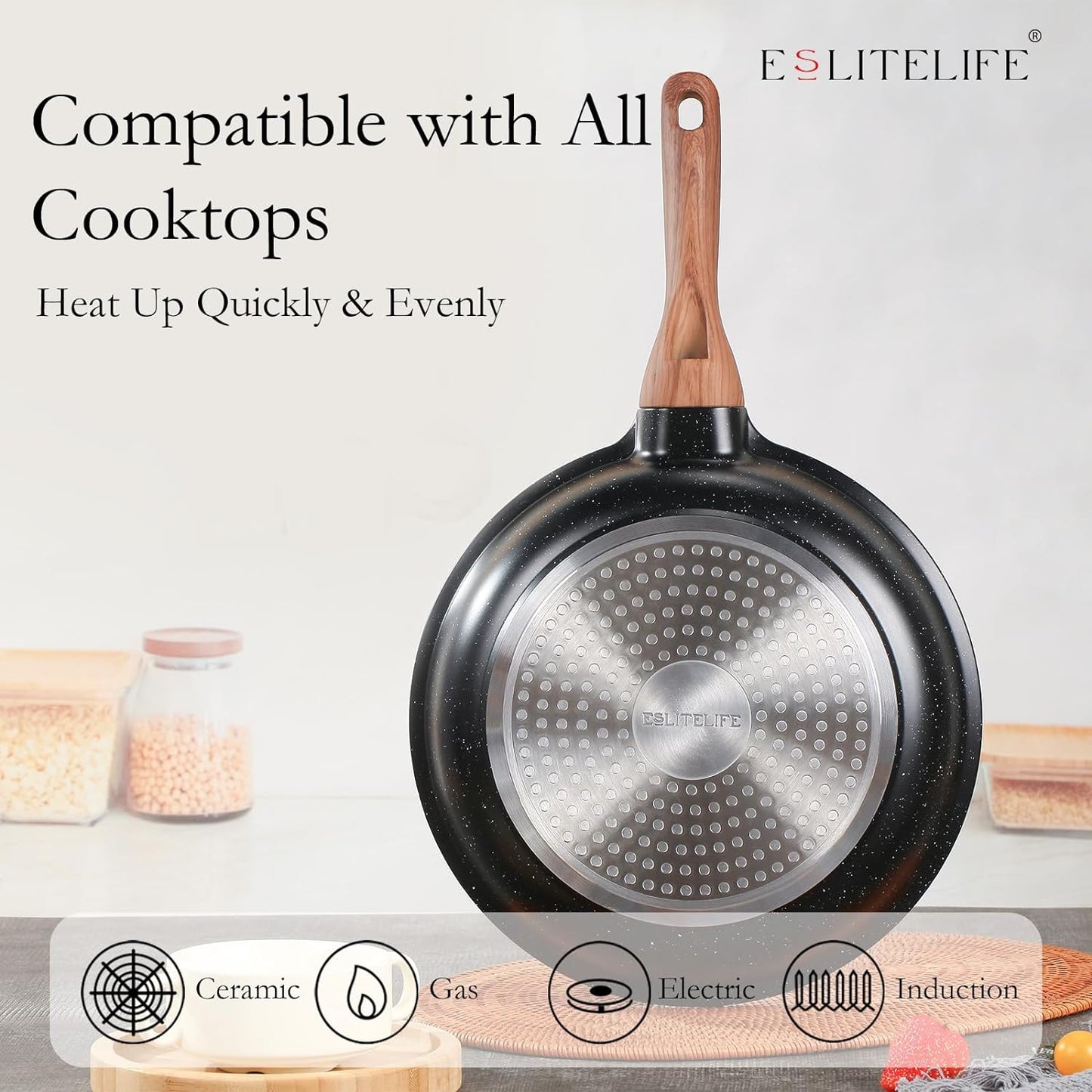 ESLITE LIFE Nonstick Ceramic Frying Pans Skillets Set with Lids, Non-Toxic Egg Omelette Kitchen Cooking Pans Compatible with All Stovetops (Gas, Electric & Induction), PTFE & PFOA Free (Black)