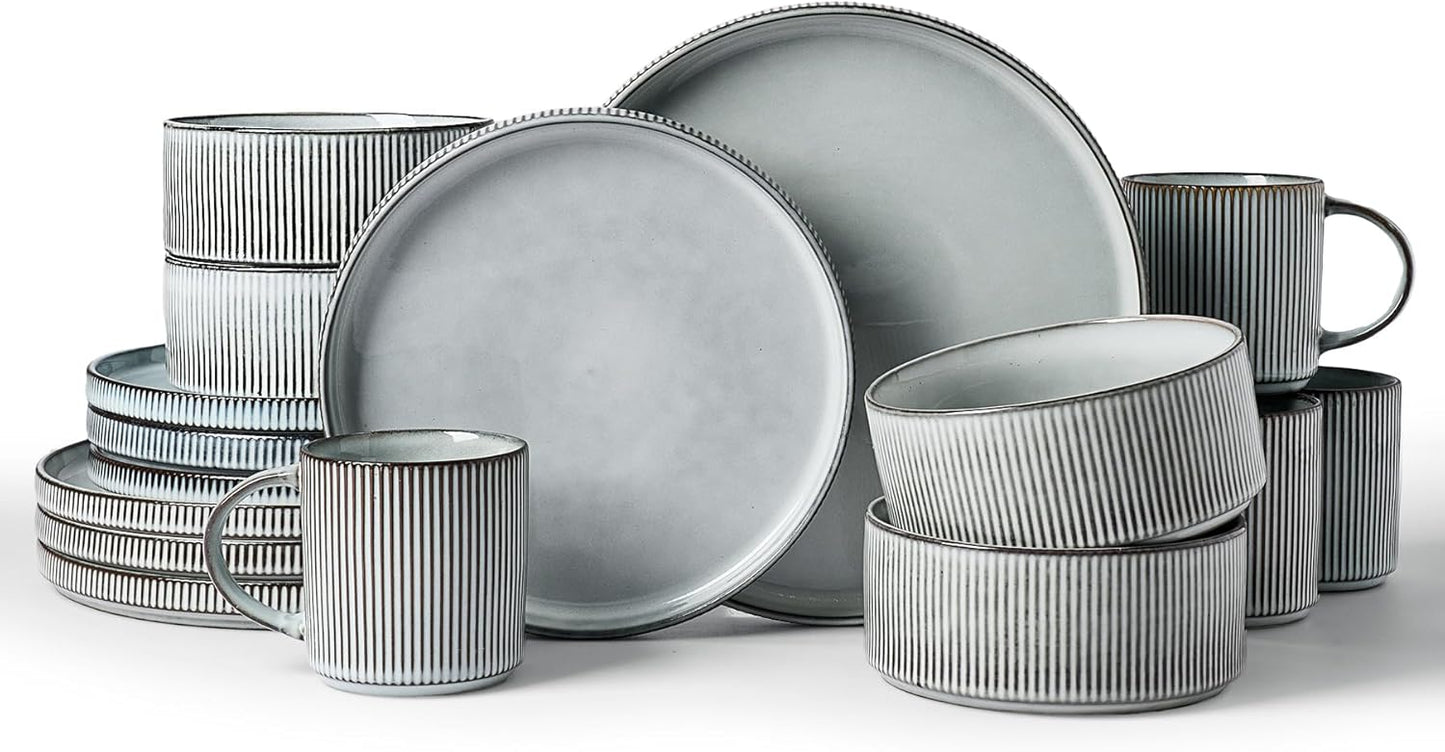 Famiware Star Dinnerware Set with Mugs, Service for 4 (16pcs), Ribbed Stoneware Plates and Bowls Dishes Sets - Chip & Scratch Resistant, Microwave & Dishwasher Safe, Smoky Blue