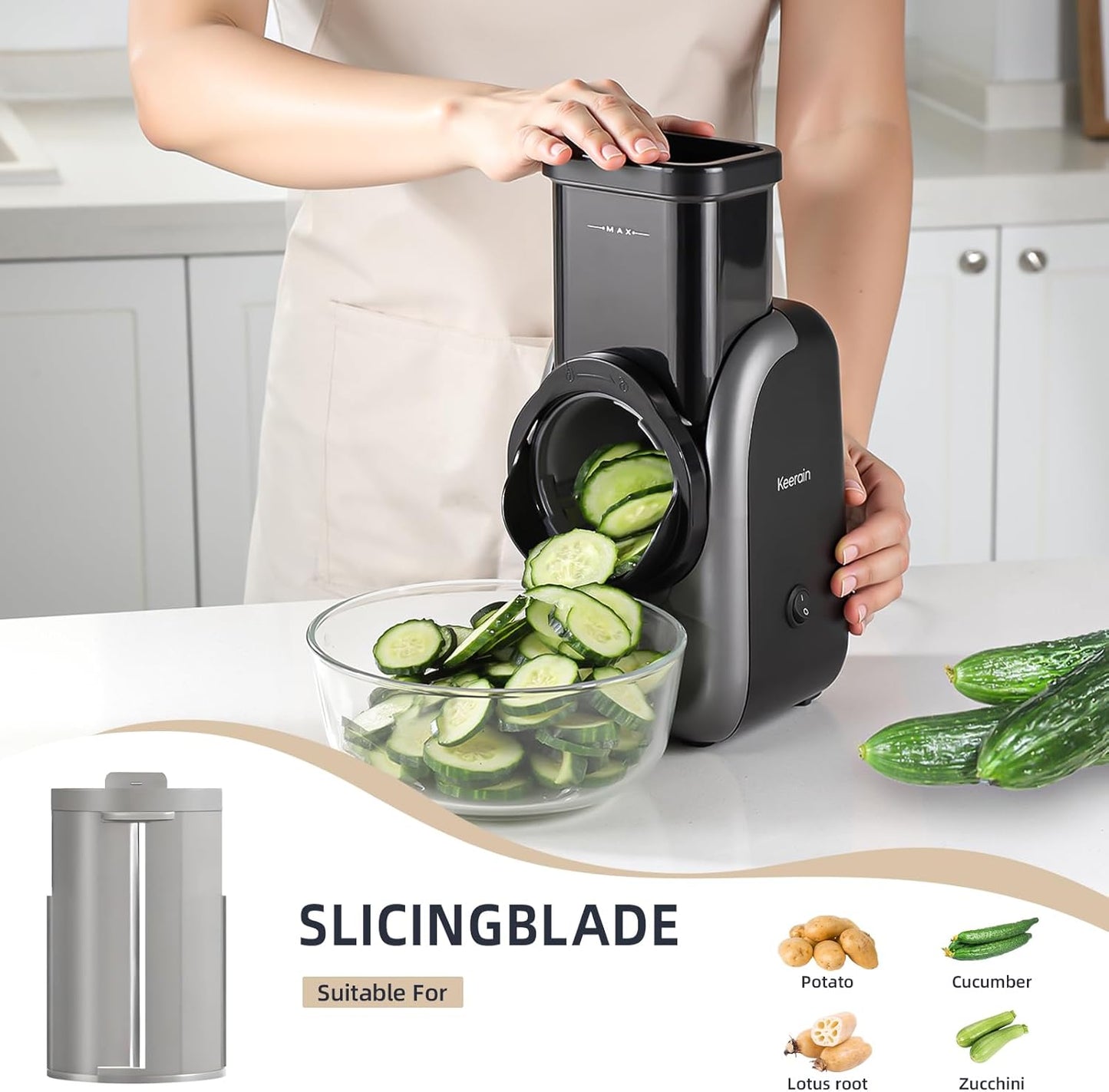 Electric Vegetable Slicer and Cheese Grater, Multifunctional Rotary Cutter with 4 Stainless Steel Blades for Potatoes Carrots Cucumbers Fruits Salad etc.