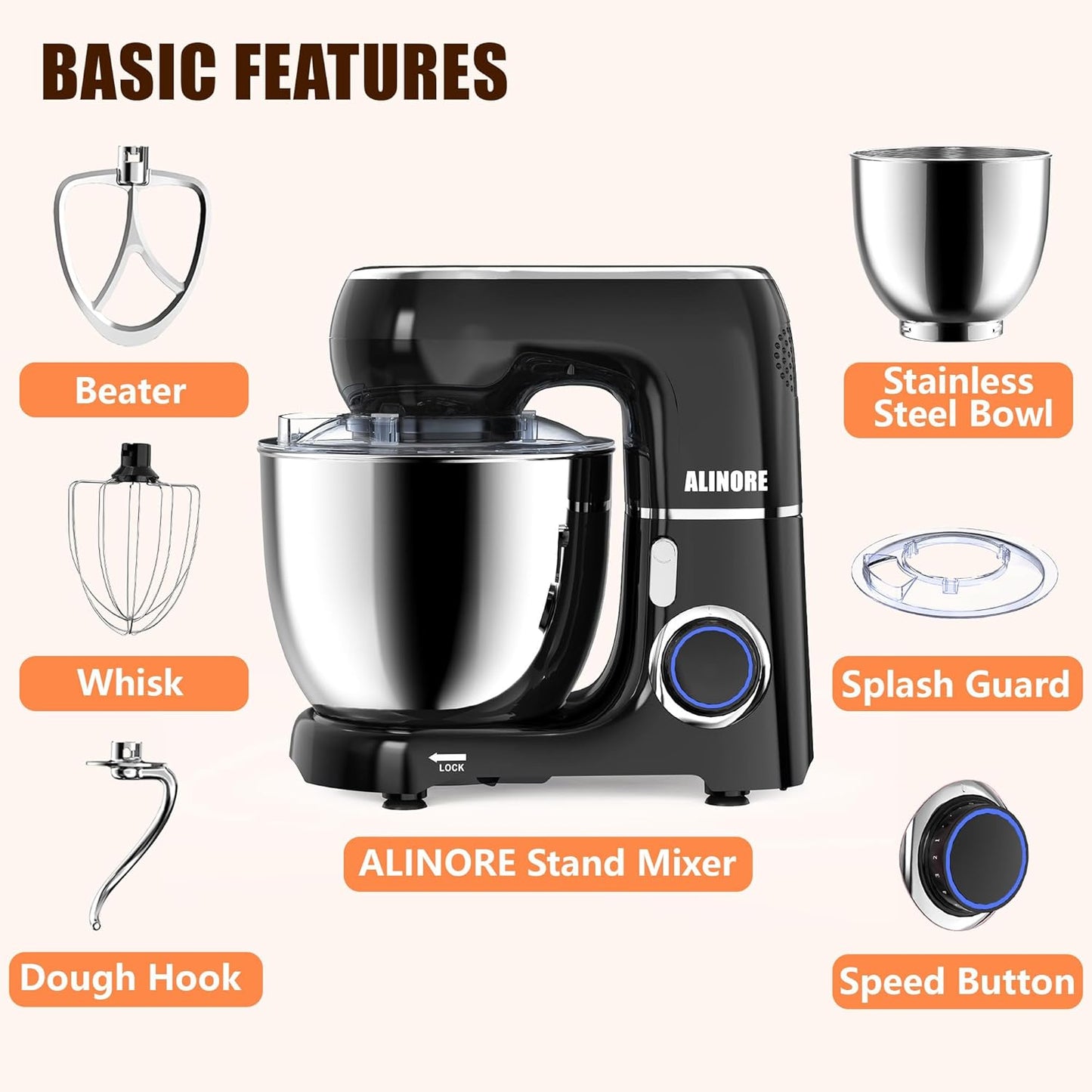 Stand Mixer, 6.5QT 660W 10-Speed Tilt-Head Electric Kitchen Stand Mixer, Food Mixer with Dishwasher-Safe Dough Hook, Egg Whisk, Flat Beater for Baking, Cake and Most Home Cooks (Black)