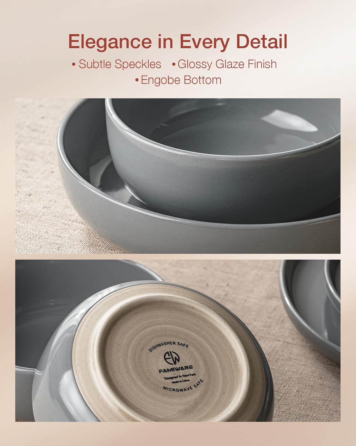 Famiware Milkyway Dinnerware Sets, 24 Piece Dish Set, Plates and Bowls Sets for 8, Dark Gray