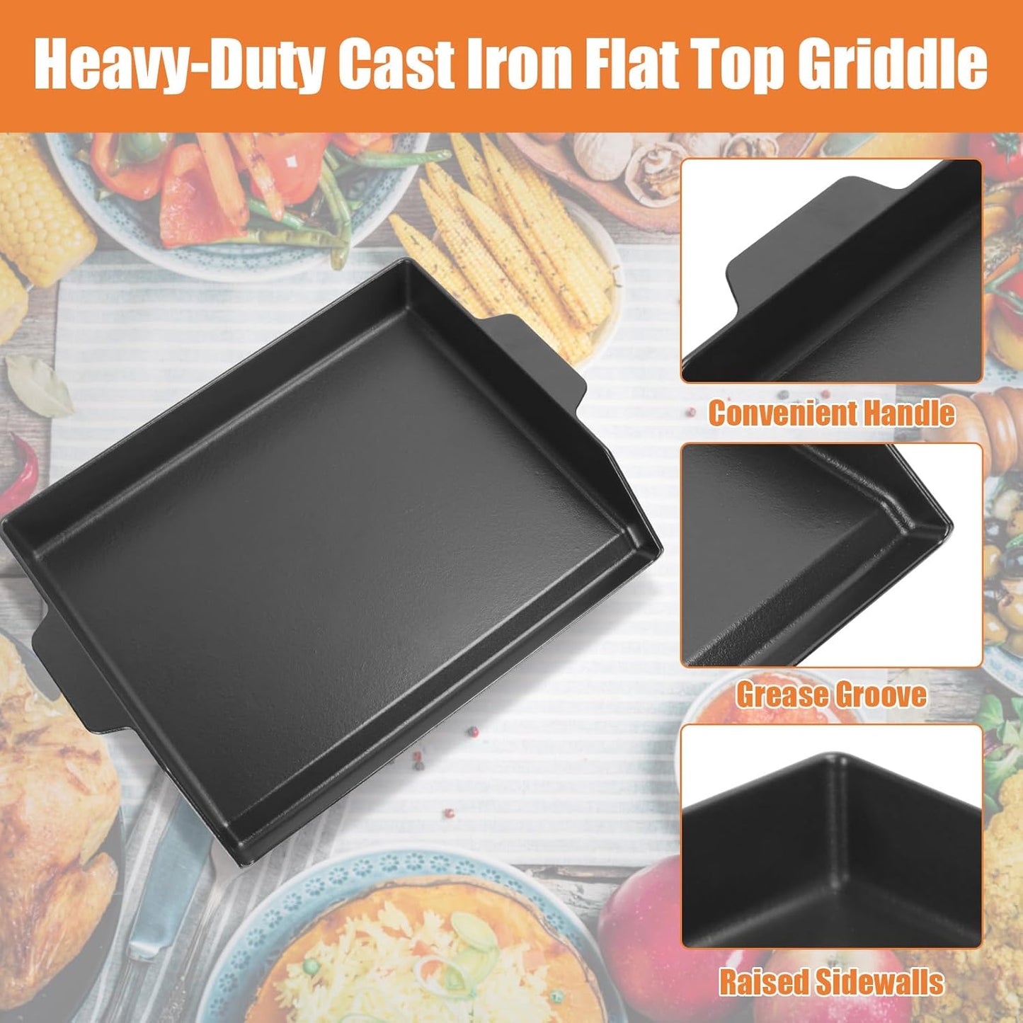 Universal Cast Iron Cooking Griddle Insert,Pre-Seasoned Nonstick Coating Griddle Pan for Gas Grill,BBQ Flat Top Grill Plate with High Sidewalls for All Grills and 4 Burner Range Oven,23" x 16"