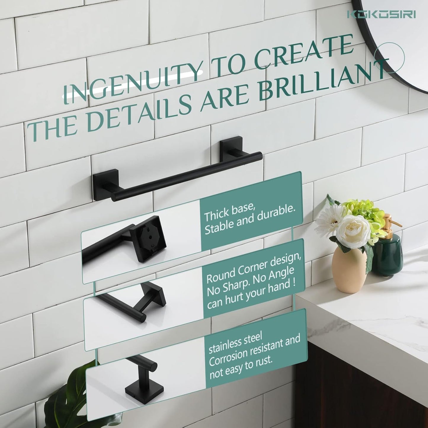 KOKOSIRI Bathroom Towel Bars 12 Inch Towel Ring Matte Black 30CM Hand Towel Holder for Bath Kitchen Wall Stainless Steel B4005BK-L12