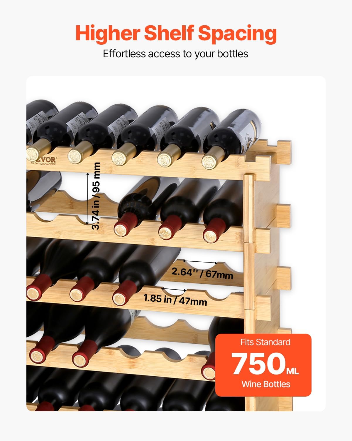 VEVOR Stackable Modular Wine Rack, 8-Tier 72 Bottles, Freestanding Wines Holder Display Shelf, Solid Bamboo Wood Storage Racks, Wobble-Free Shelves for Kitchens, Dining Rooms, Cellars, Natural Color