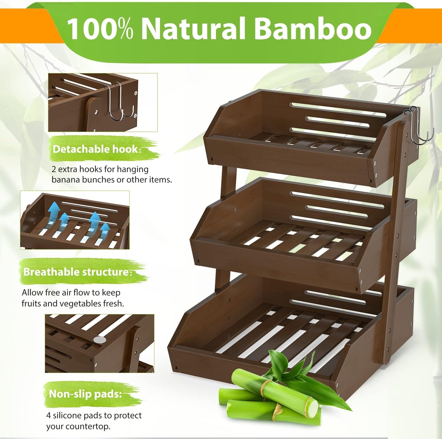 Bamboo Fruit Basket for Kitchen–3 Tier Fruit Bowl For Kitchen Counter, Large Fruit Holder With 2 Banana Hangers, Idea For Fruit and Vegetable Storage, Bread Basket, Snack Organizer(WALNUT)