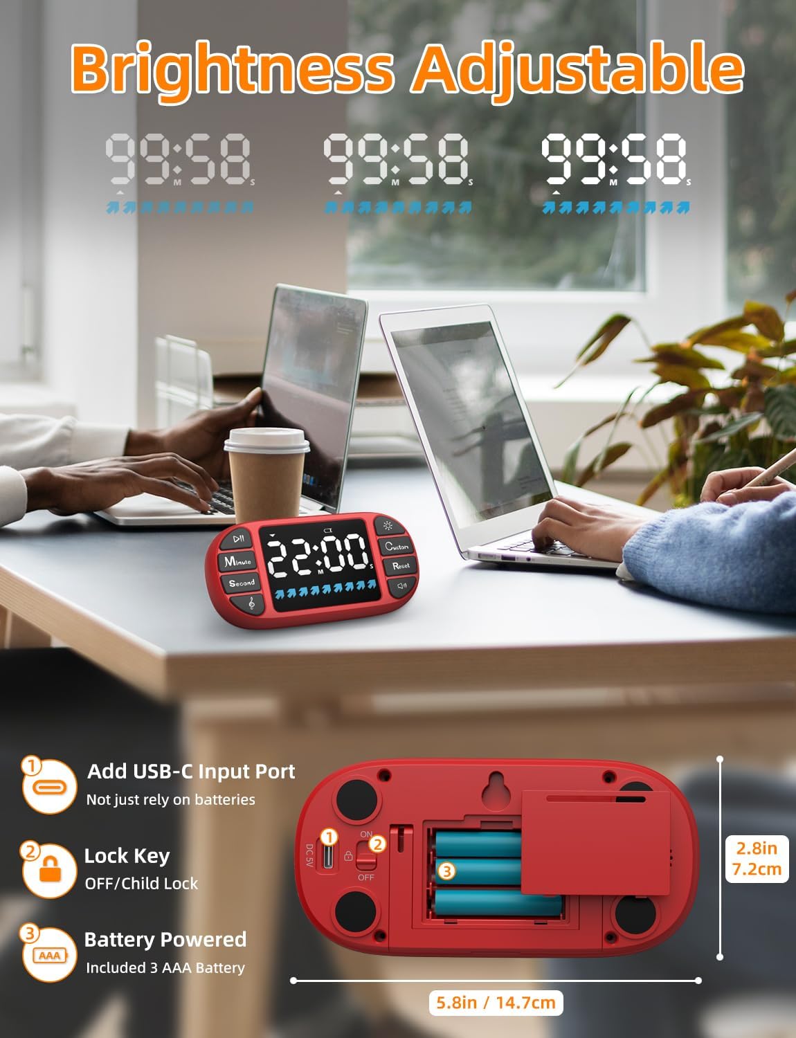 DOOMAY Digital Kitchen Visual Timer: 3.6'' Large LED Display, Magnetic, 3 Brightness, 4 Alarms and Volume, Memory Function, Countdown Count up for Cooking, Classroom, Home Gym, AAA Battery Included