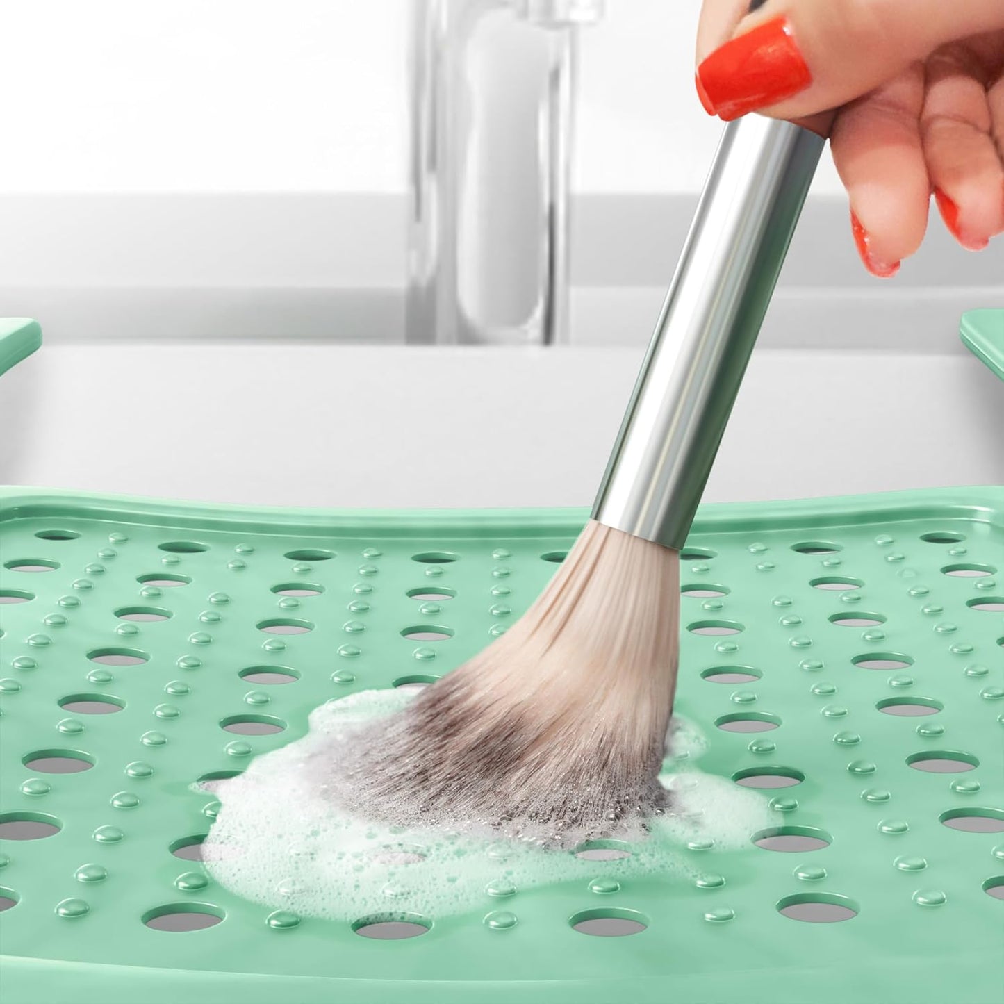 Sink Topper Bathroom Counter Cover & Storage Saver, Foldable Silicone Mat for Hot Tools, Hair Styling & Makeup, Beauty Brush Cleaning Mat, RV Camper Sink Cover & for Small Spaces (Large Green)