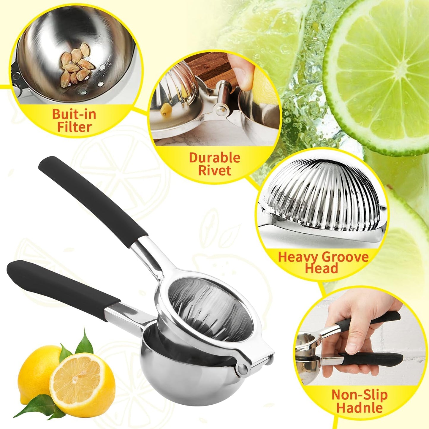 Lemon Squeezer,304 Stainless Steel Citrus Press Juicer,Non-Slip Grip Design Manual Juicer,Heavy Duty Manual Citrus Press Juicer & Lime Squeezer-Silver & Red