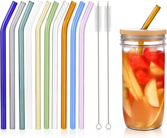 10 Pcs Reusable Bent Glass Drinking Straws,9''x10 mm Colorful Glass Straws for Beverages, Shakes, Milk Tea, Juices,Set of 10 Bent with 2 Cleaning Brushes -Shatter Resistant