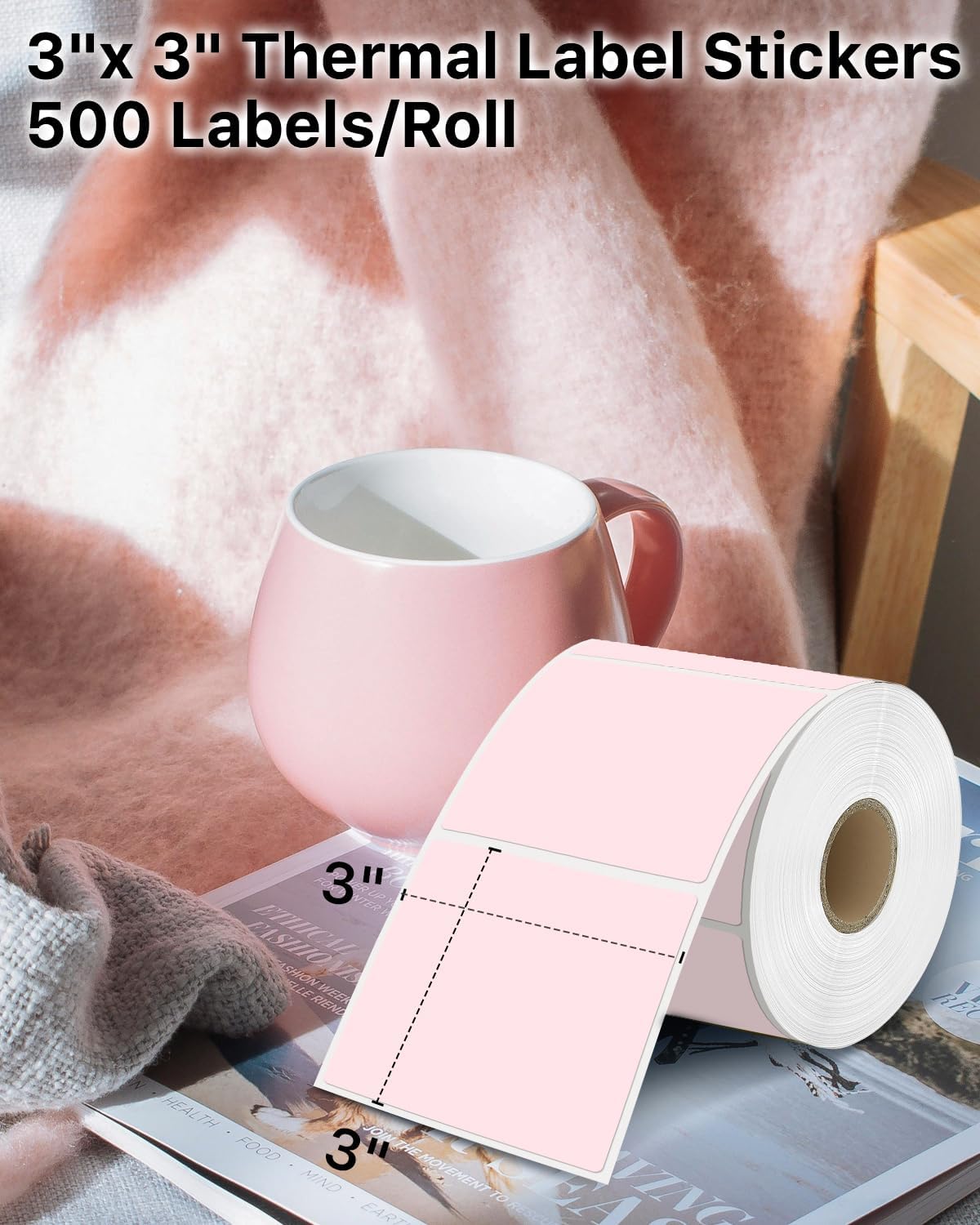 iEager Pink Square Thermal Label Stickers, 3" x 3" Self-Adhesive Square Direct Thermal Labels with Perforation Line, 500 Sheets/Roll