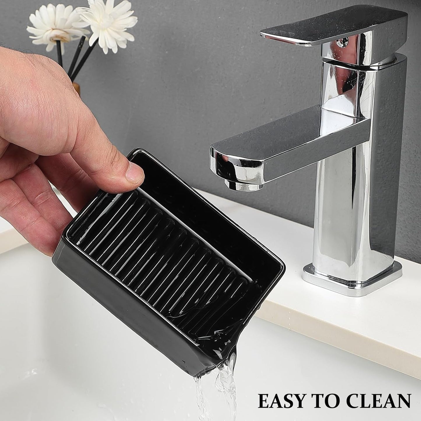 Black Rectangle Soap Dish - Modern Ceramic Hand Soap Holder Non-Slip Bar Soap Holder Soap Tray for Bathroom, Kitchen Sink, Shower, Countertop, Easy to Clean
