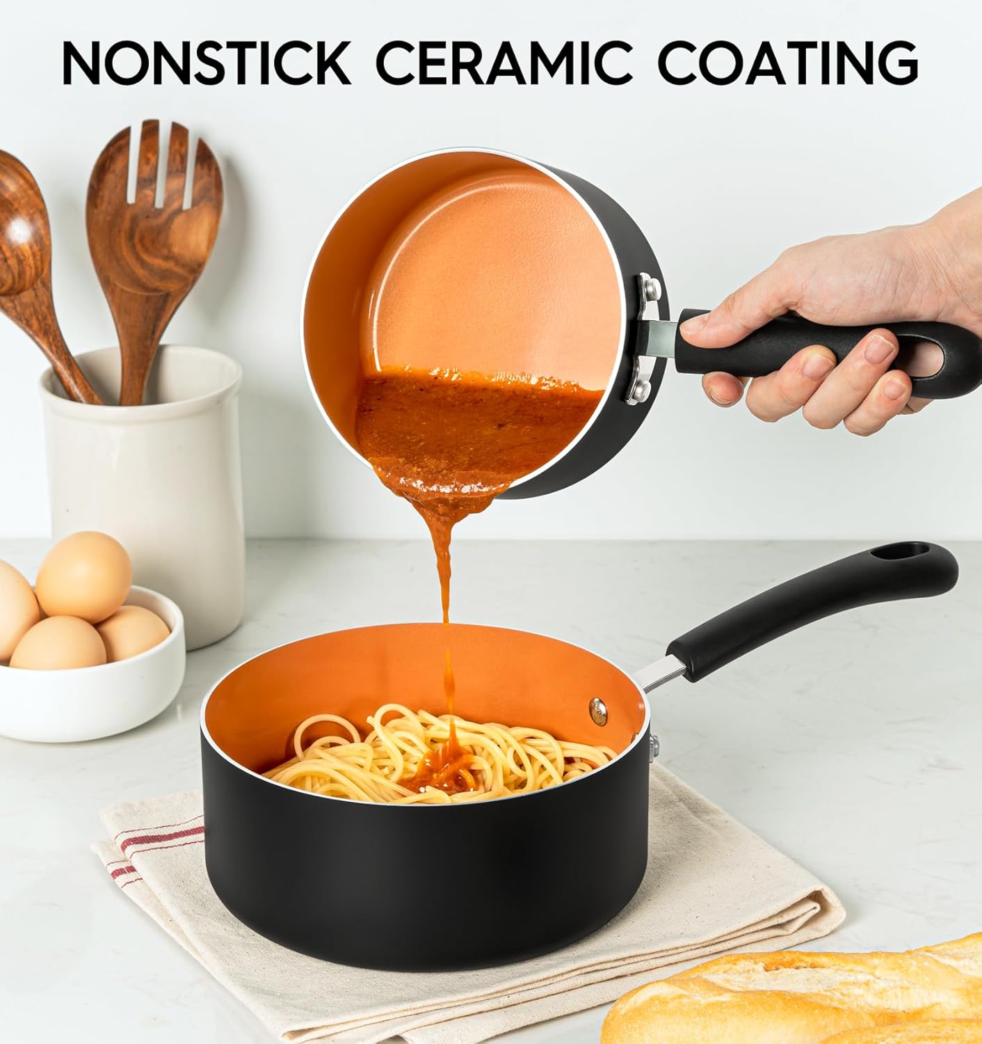MICHELANGELO Nonstick Sauce Pan with Lid, 1QT & 2QT Ceramic Saucepan Set with Steamer, Small Copper Saucepans Set, Multipurpose Sauce Pots for Cooking, PFAS-FREE, Dishwasher Safe