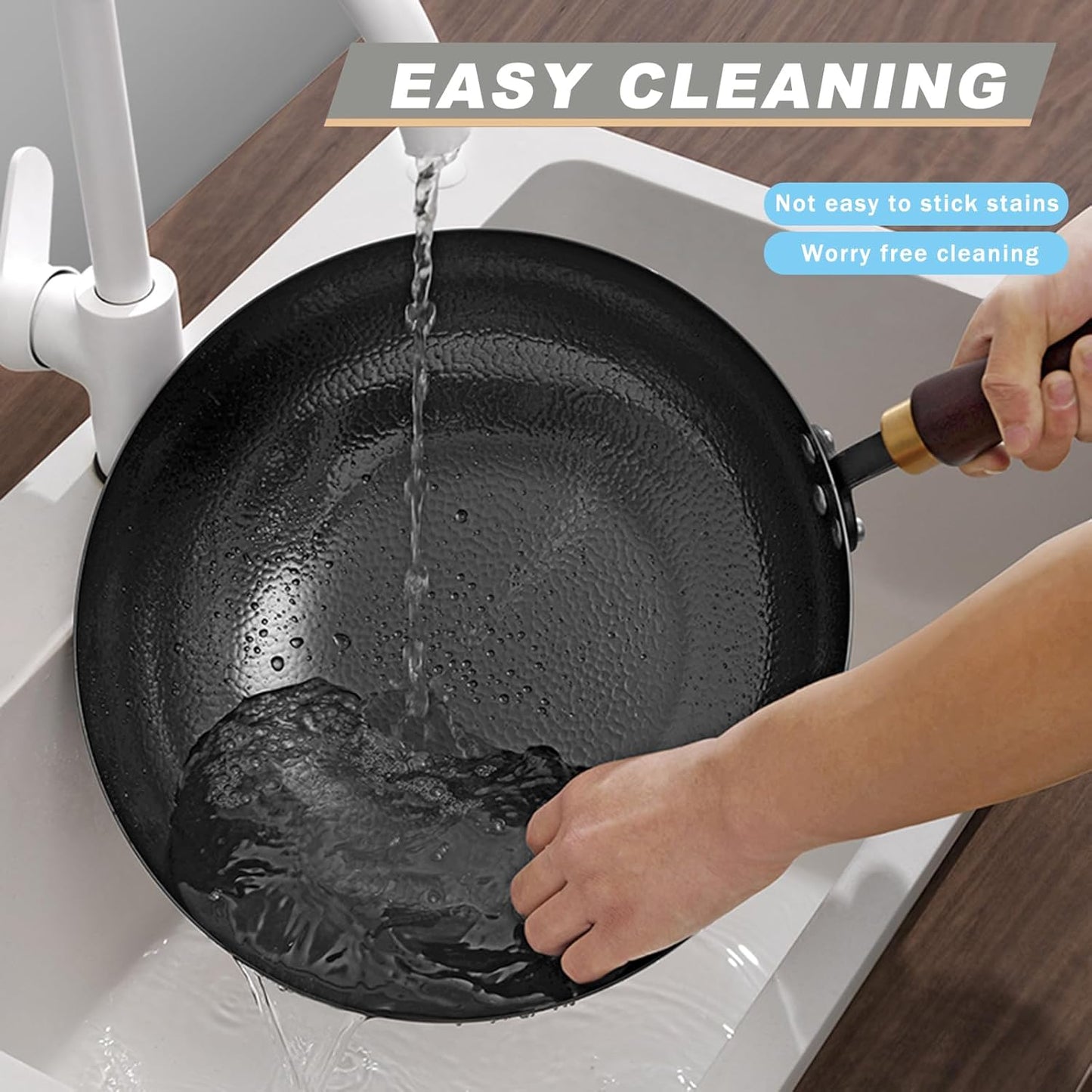 Carbon Steel Pan, 12.6″ Woks & Stir-Fry Pans with Wooden Lid Cookwares, Nonstick Wok, No Chemical Coated Round Bottom Hand Hammered Chinese Wok For Gas