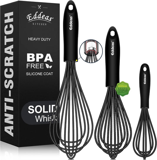 Whisks For Cooking - 500 °F Heat Resistant Silicone Whisk, Heavy Duty 7",9"&11inch Non-Scratch Balloon Kitchen Wisk tool Set, for cooking Wisking, Blending, Beating, Stirring, 3 Piece Black