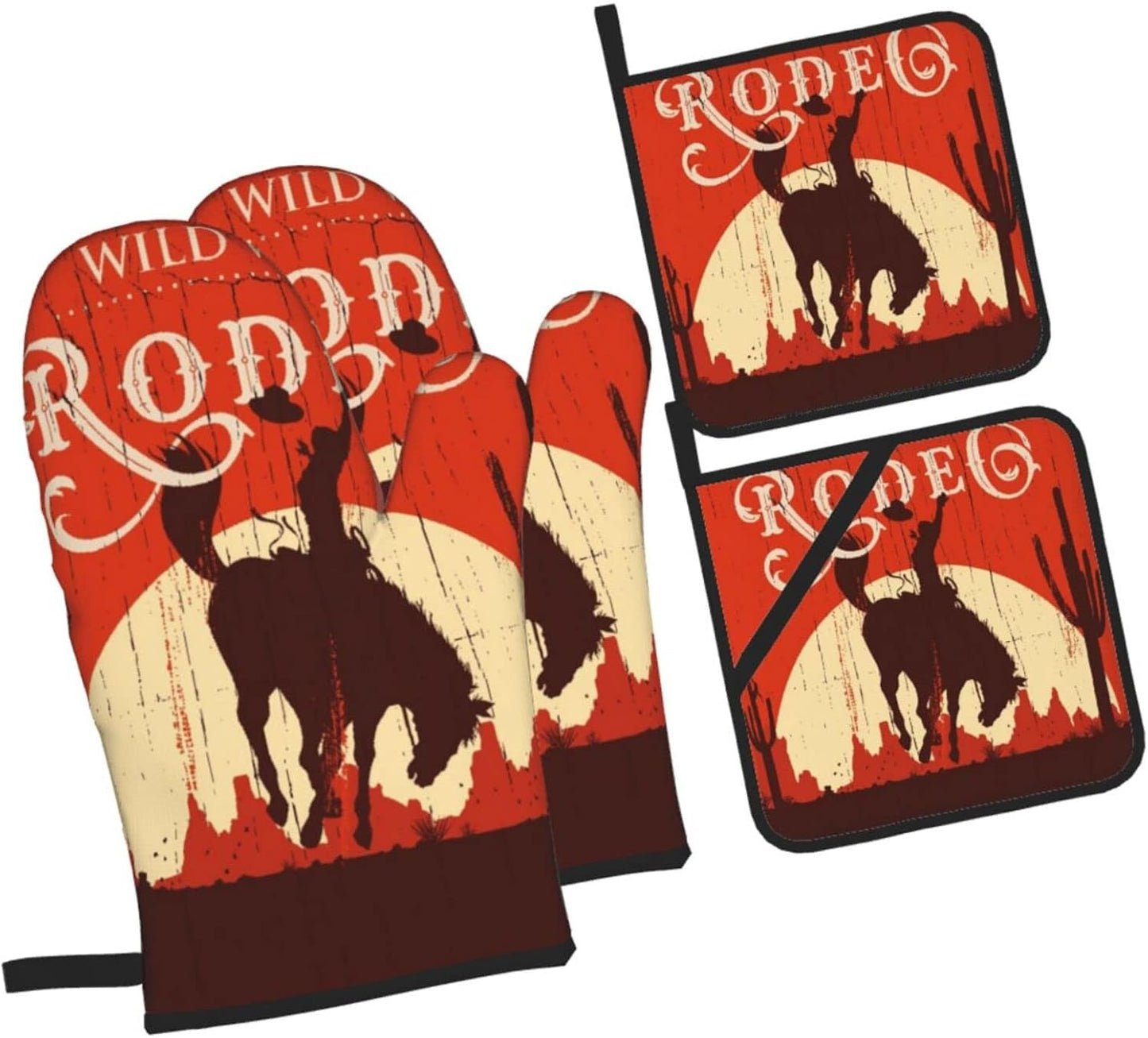 Oven Mitts and Pot Holders Sets of 4,Cowboy Horse Sunset Saguaro Desert Wild West Rodeo Vintage Wooden Sign Print,Oven Mitts Heat Resistant Oven Gloves Set Potholders for Kitchen Baking Grilling