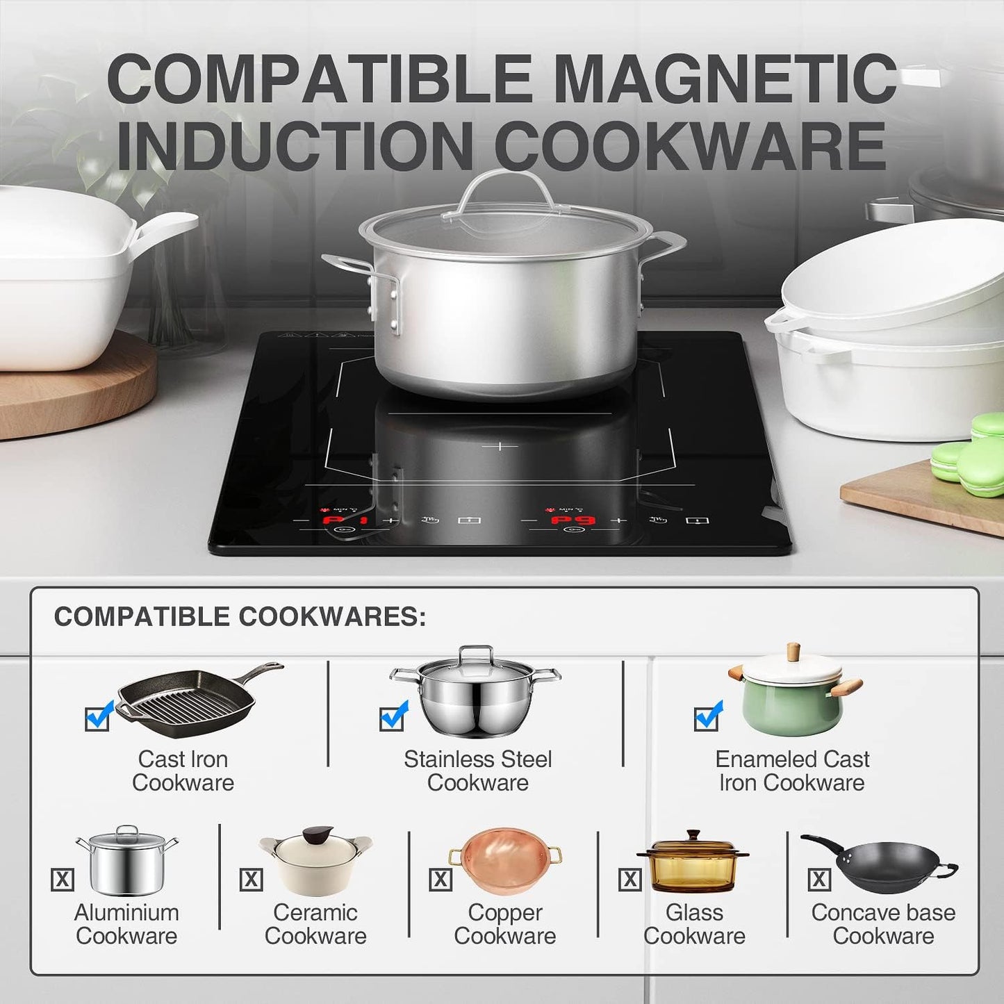 Double Induction Cooktop 2 Burner: 12 Inch 110v Built-in & Portable Electric Stove Top - 2300W Electric Cooktop with 9 Temp Settings, Countertop Cooktop for RV, Camping, Travel
