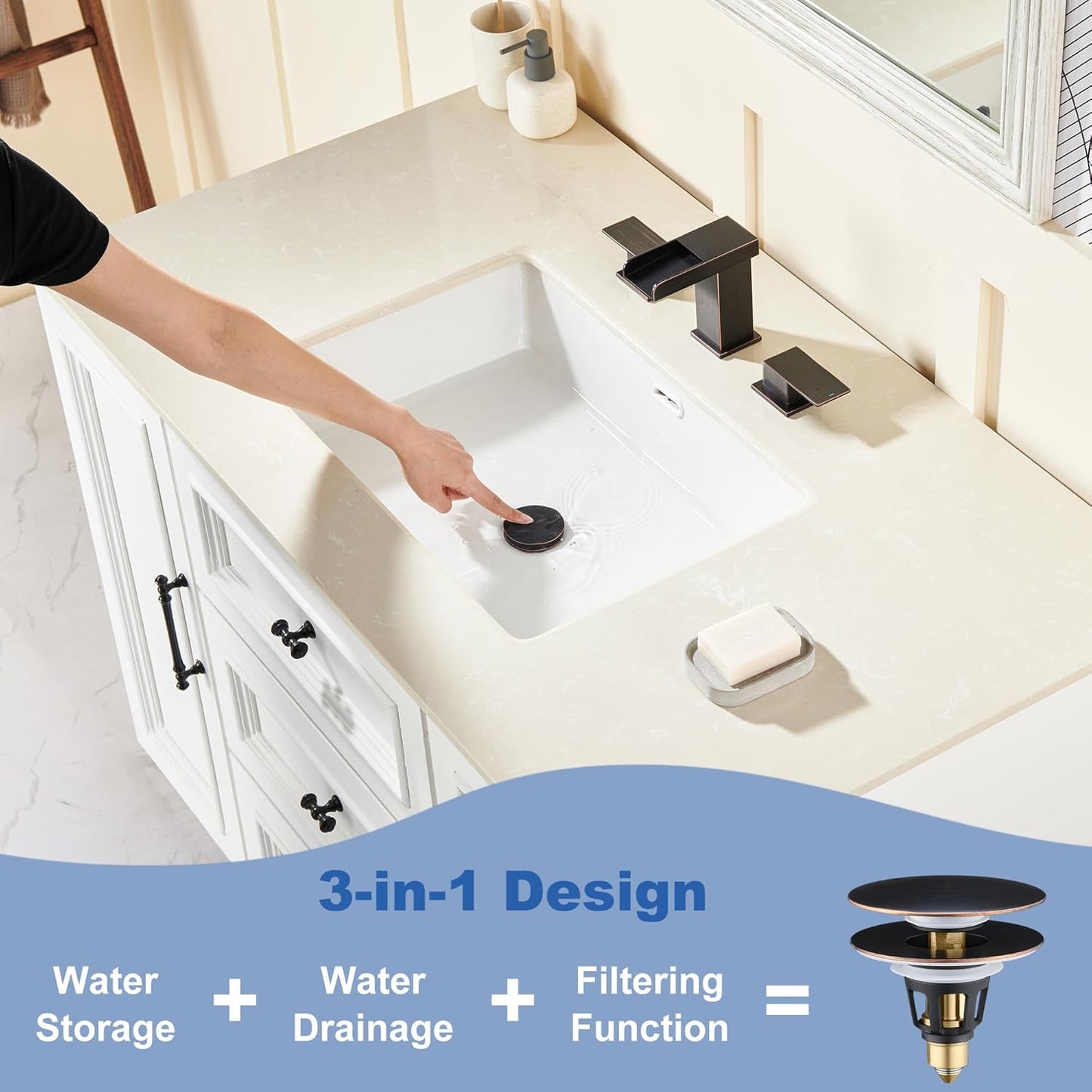 Universal 3-in-1 Bathroom Sink Stopper - Pop Up Sink Drain Stopper, Push Button Sink Drain Stopper Replacement, Wash Basin Drain Filter Plug with Anti-Clogging Strainer, Oil Rubbed Bronze